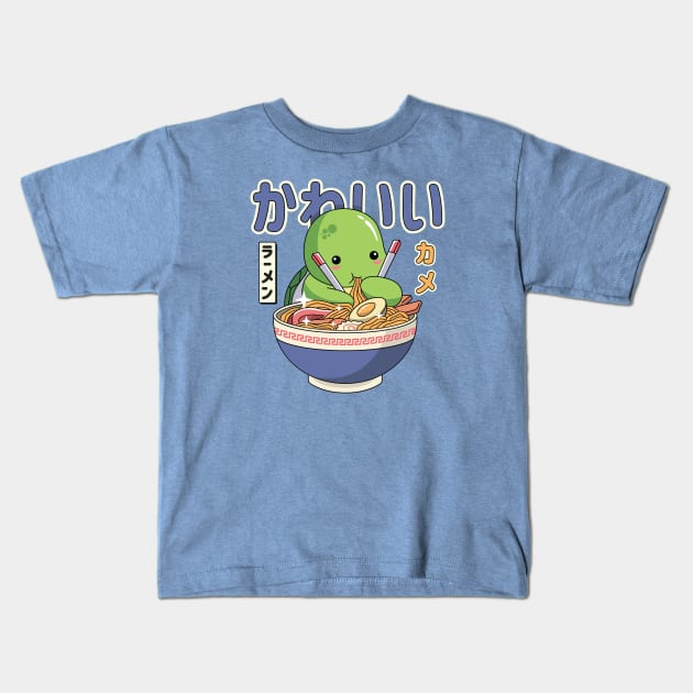 Kawaii Turtle Enjoying Ramen Kids T-Shirt by spacedowl